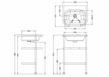 Small roll top basin with stainless steel stand